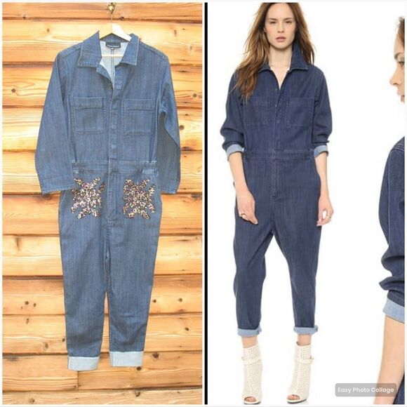 NWOT Cynthia Rowley Embellished Denim Jumpsuit - Picture 1 of 8